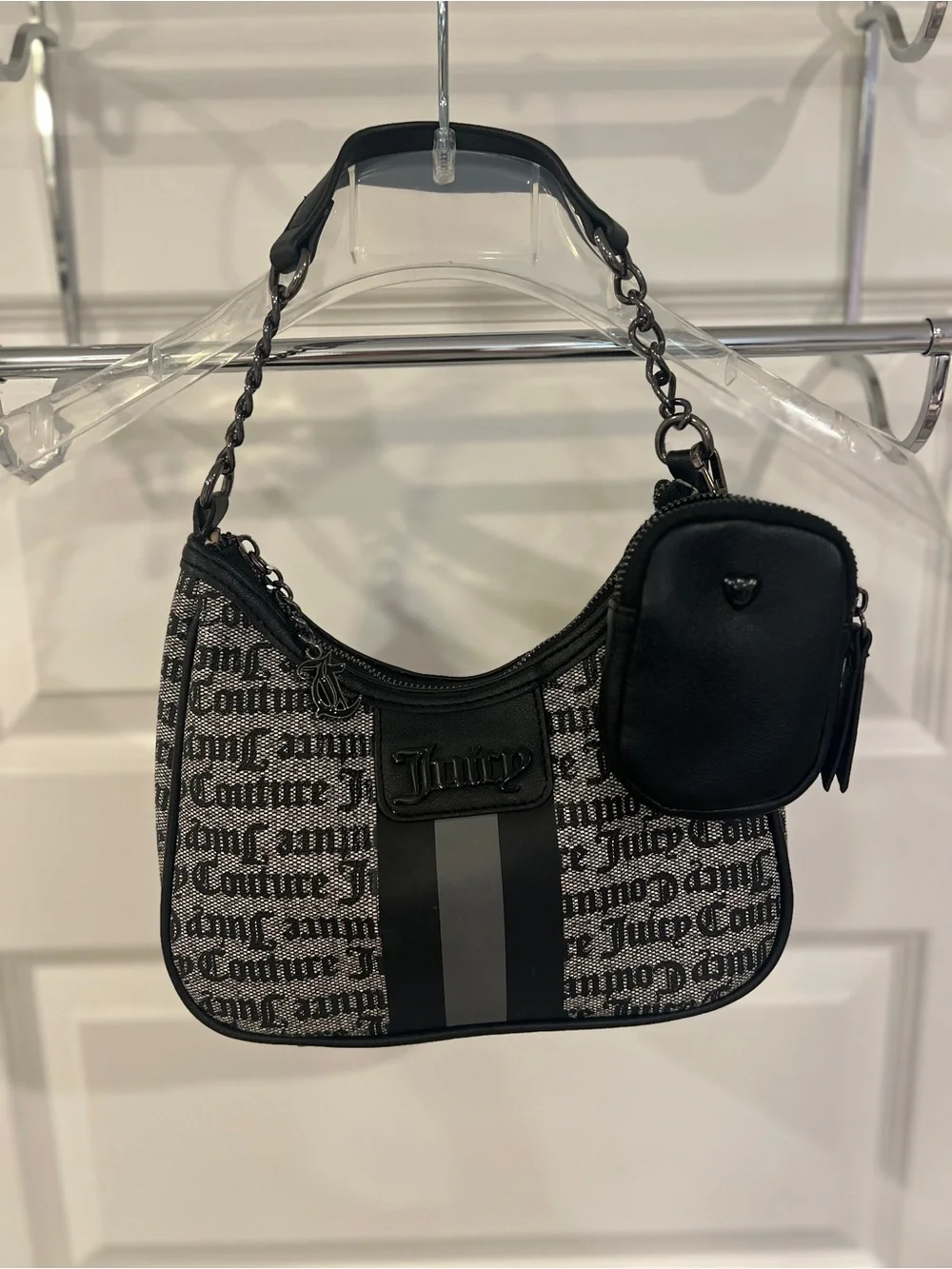 Juicy Couture Black Logo Jacquard Shoulder Bag with Detachable Pouch